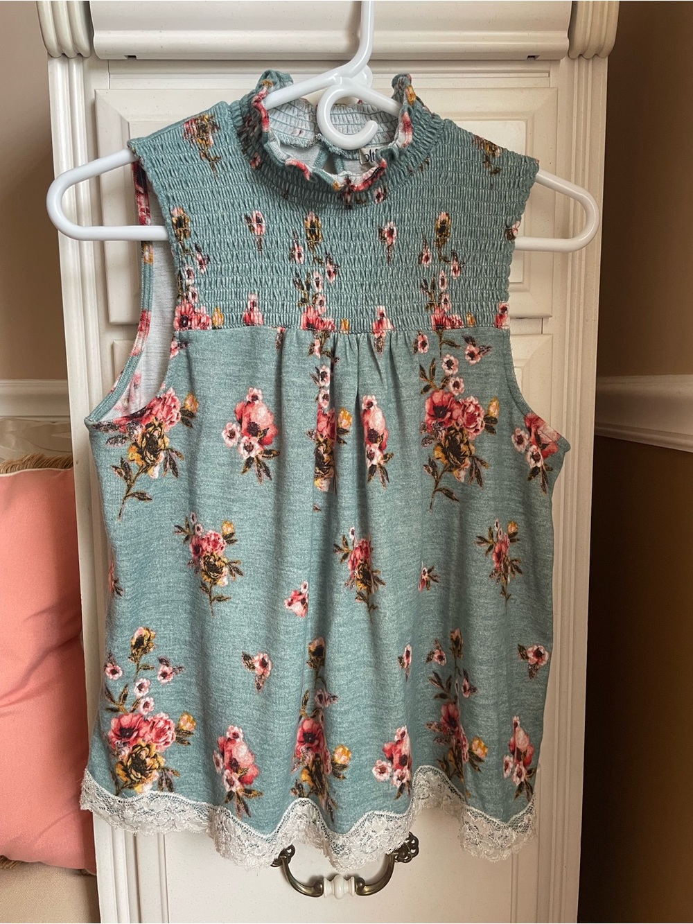 Jolt Smocked Tank with Pink Floral Print and Lace Trim